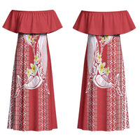 Swimming With Humpback Whales Season Tonga Couples Matching Off Shoulder Maxi Dress and Long Sleeve Button Shirt Tongan Tofuaa Ngatu Pattern Red LT14 - Polynesian Pride