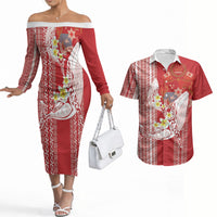 Swimming With Humpback Whales Season Tonga Couples Matching Off The Shoulder Long Sleeve Dress and Hawaiian Shirt Tongan Tofuaa Ngatu Pattern Red LT14 Red - Polynesian Pride