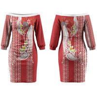 Swimming With Humpback Whales Season Tonga Couples Matching Off The Shoulder Long Sleeve Dress and Hawaiian Shirt Tongan Tofuaa Ngatu Pattern Red LT14 - Polynesian Pride
