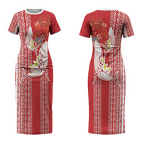 Swimming With Humpback Whales Season Tonga Couples Matching Short Sleeve Bodycon Dress and Hawaiian Shirt Tongan Tofuaa Ngatu Pattern Red LT14 - Polynesian Pride