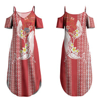 Swimming With Humpback Whales Season Tonga Couples Matching Summer Maxi Dress and Long Sleeve Button Shirt Tongan Tofuaa Ngatu Pattern Red LT14 - Polynesian Pride
