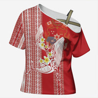 Swimming With Humpback Whales Season Tonga Cross Shoulder Shirt Tongan Tofuaa Ngatu Pattern Red LT14 Female Red - Polynesian Pride