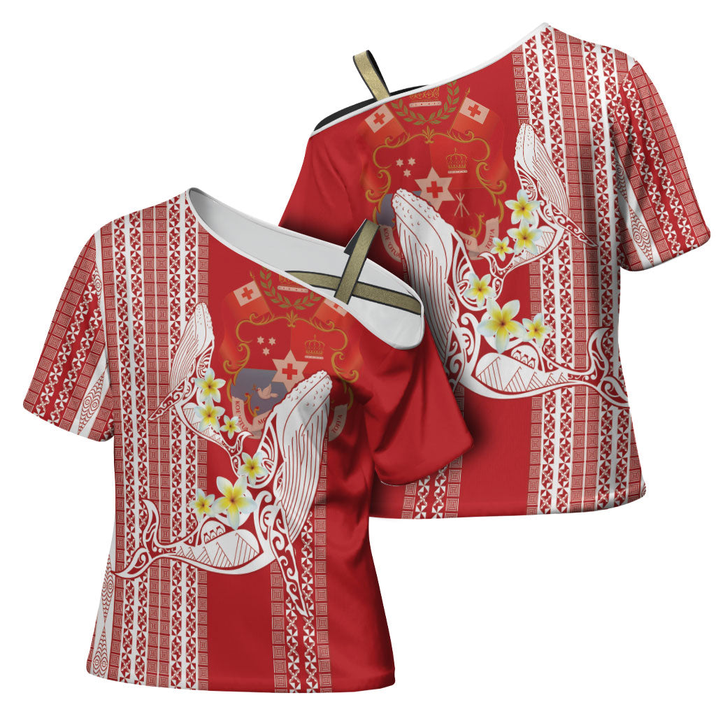 Swimming With Humpback Whales Season Tonga Cross Shoulder Shirt Tongan Tofuaa Ngatu Pattern Red LT14 - Polynesian Pride