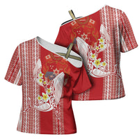 Swimming With Humpback Whales Season Tonga Cross Shoulder Shirt Tongan Tofuaa Ngatu Pattern Red LT14 - Polynesian Pride