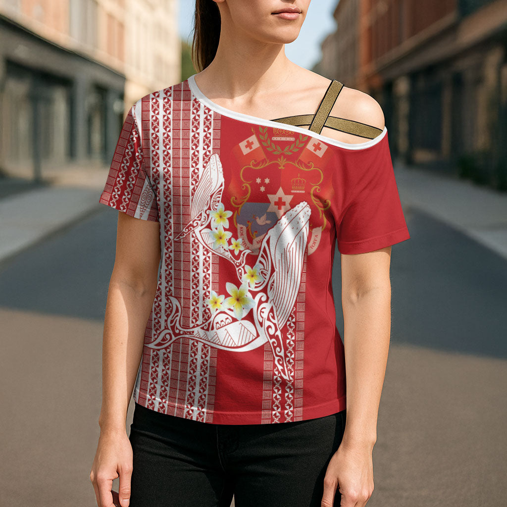 Swimming With Humpback Whales Season Tonga Cross Shoulder Shirt Tongan Tofuaa Ngatu Pattern Red LT14 - Polynesian Pride