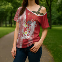 Swimming With Humpback Whales Season Tonga Cross Shoulder Shirt Tongan Tofuaa Ngatu Pattern Red LT14 - Polynesian Pride