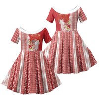 Swimming With Humpback Whales Season Tonga Family Matching Off The Shoulder Long Sleeve Dress and Hawaiian Shirt Tongan Tofuaa Ngatu Pattern Red LT14 Daughter's Dress Red - Polynesian Pride