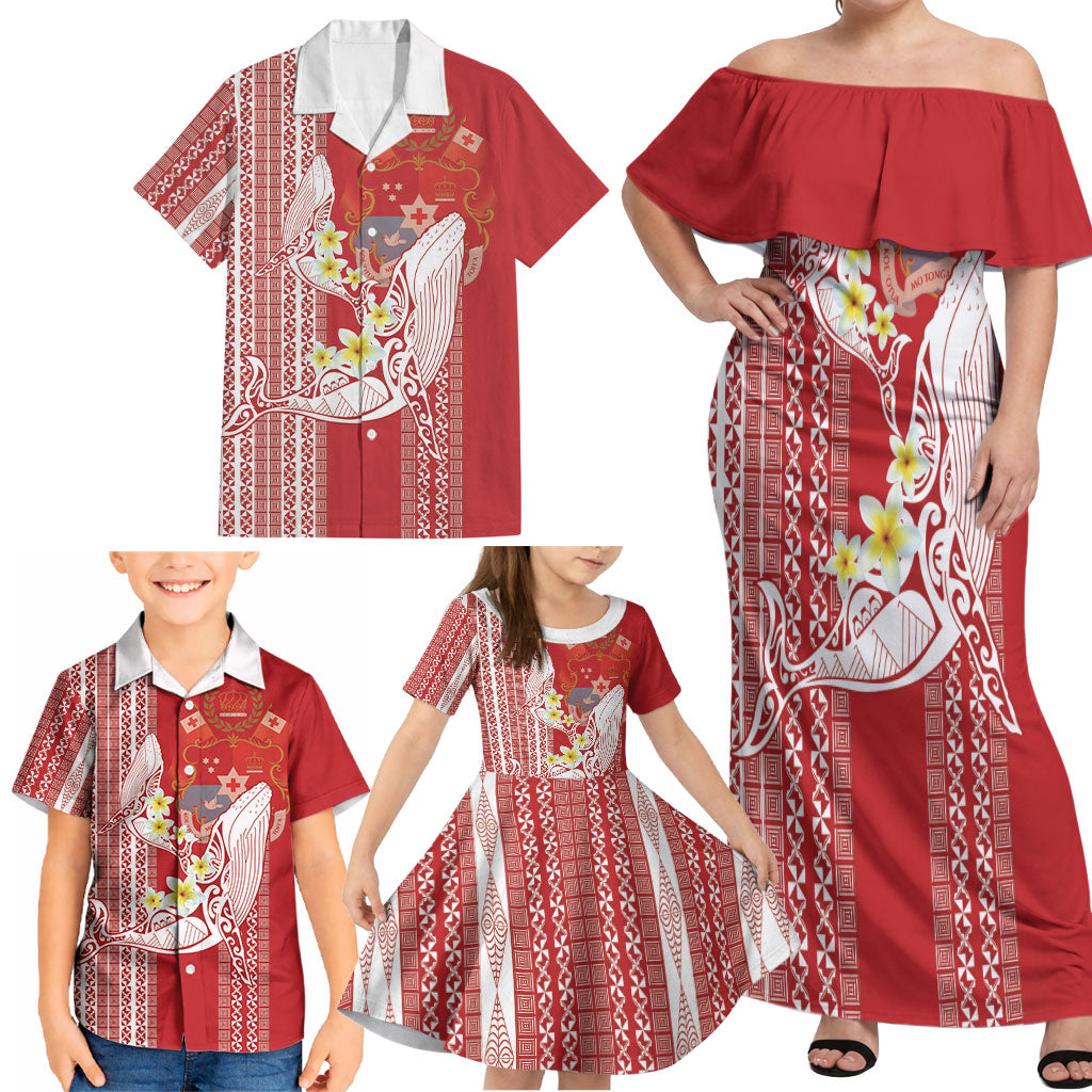 Swimming With Humpback Whales Season Tonga Family Matching Off Shoulder Maxi Dress and Hawaiian Shirt Tongan Tofuaa Ngatu Pattern Red LT14 - Polynesian Pride