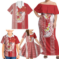 Swimming With Humpback Whales Season Tonga Family Matching Off Shoulder Maxi Dress and Hawaiian Shirt Tongan Tofuaa Ngatu Pattern Red LT14 - Polynesian Pride