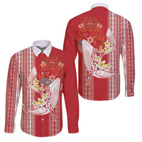 Swimming With Humpback Whales Season Tonga Family Matching Off Shoulder Maxi Dress and Hawaiian Shirt Tongan Tofuaa Ngatu Pattern Red LT14 Dad's Shirt - Long Sleeve Red - Polynesian Pride