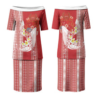 Swimming With Humpback Whales Season Tonga Family Matching Puletasi and Hawaiian Shirt Tongan Tofuaa Ngatu Pattern Red LT14 Mom's Dress Red - Polynesian Pride