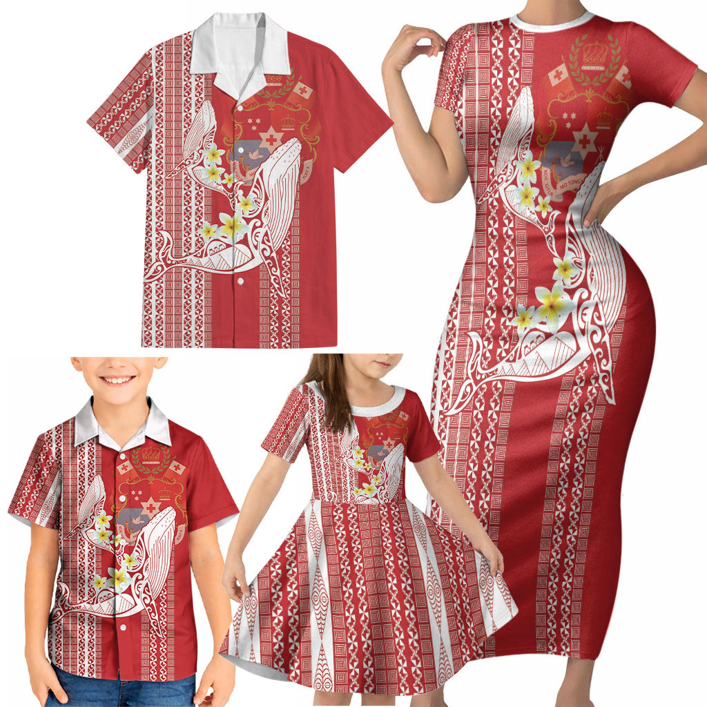 Swimming With Humpback Whales Season Tonga Family Matching Short Sleeve Bodycon Dress and Hawaiian Shirt Tongan Tofuaa Ngatu Pattern Red LT14 - Polynesian Pride