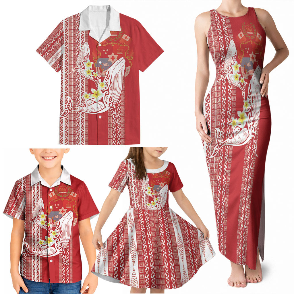 Swimming With Humpback Whales Season Tonga Family Matching Tank Maxi Dress and Hawaiian Shirt Tongan Tofuaa Ngatu Pattern Red LT14 - Polynesian Pride