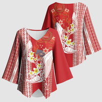 Swimming With Humpback Whales Season Tonga Kimono Sleeve Blouse Tongan Tofuaa Ngatu Pattern Red LT14 - Polynesian Pride