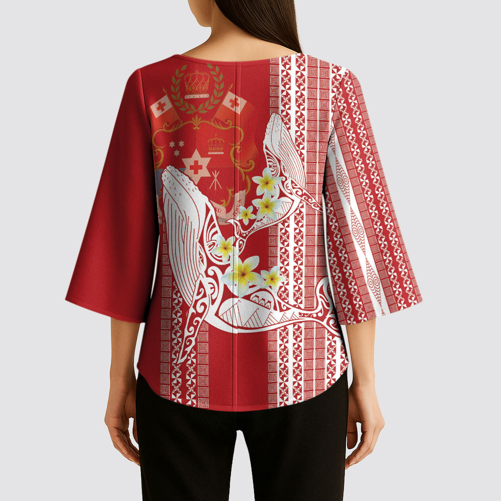Swimming With Humpback Whales Season Tonga Kimono Sleeve Blouse Tongan Tofuaa Ngatu Pattern Red LT14 - Polynesian Pride