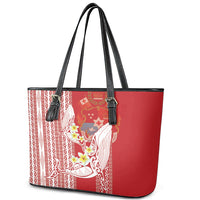 Swimming With Humpback Whales Season Tonga Leather Tote Bag Tongan Tofuaa Ngatu Pattern Red LT14 - Polynesian Pride