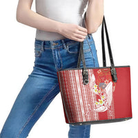 Swimming With Humpback Whales Season Tonga Leather Tote Bag Tongan Tofuaa Ngatu Pattern Red LT14 - Polynesian Pride