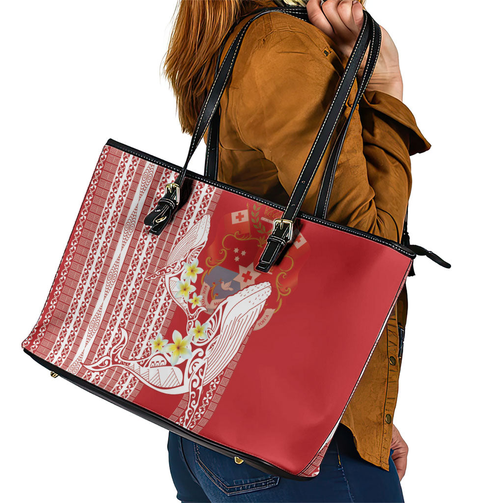 Swimming With Humpback Whales Season Tonga Leather Tote Bag Tongan Tofuaa Ngatu Pattern Red LT14 - Polynesian Pride