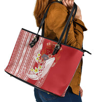 Swimming With Humpback Whales Season Tonga Leather Tote Bag Tongan Tofuaa Ngatu Pattern Red LT14 - Polynesian Pride