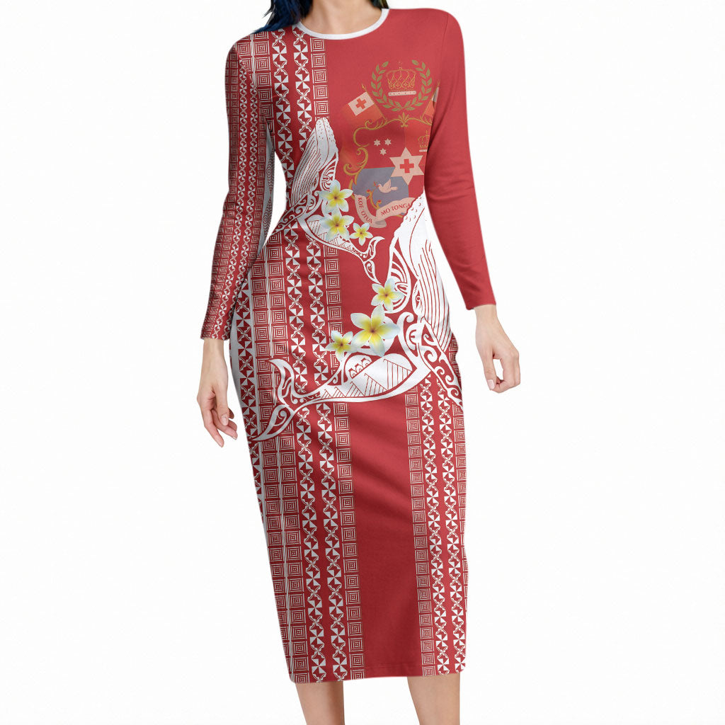 Swimming With Humpback Whales Season Tonga Long Sleeve Bodycon Dress Tongan Tofuaa Ngatu Pattern Red LT14 Long Dress Red - Polynesian Pride