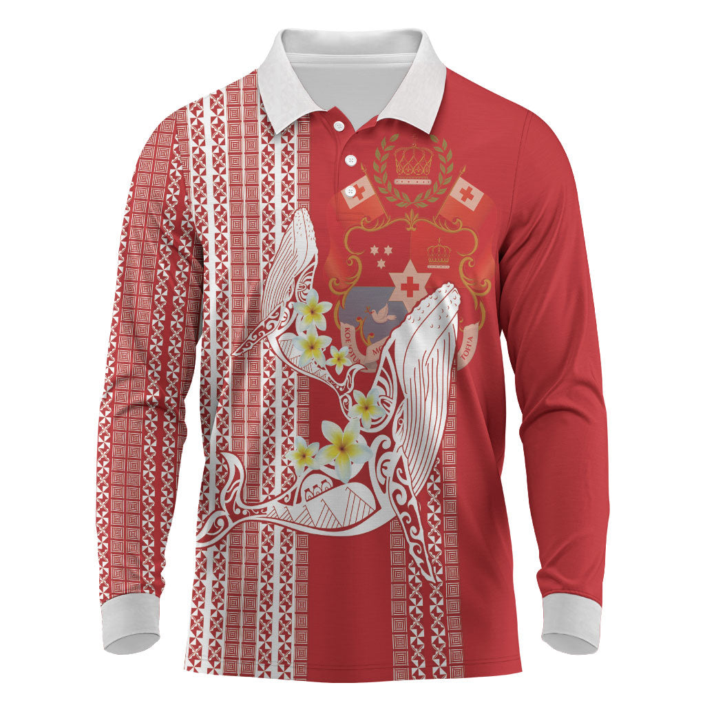 Swimming With Humpback Whales Season Tonga Long Sleeve Polo Shirt Tongan Tofuaa Ngatu Pattern Red LT14 Red - Polynesian Pride