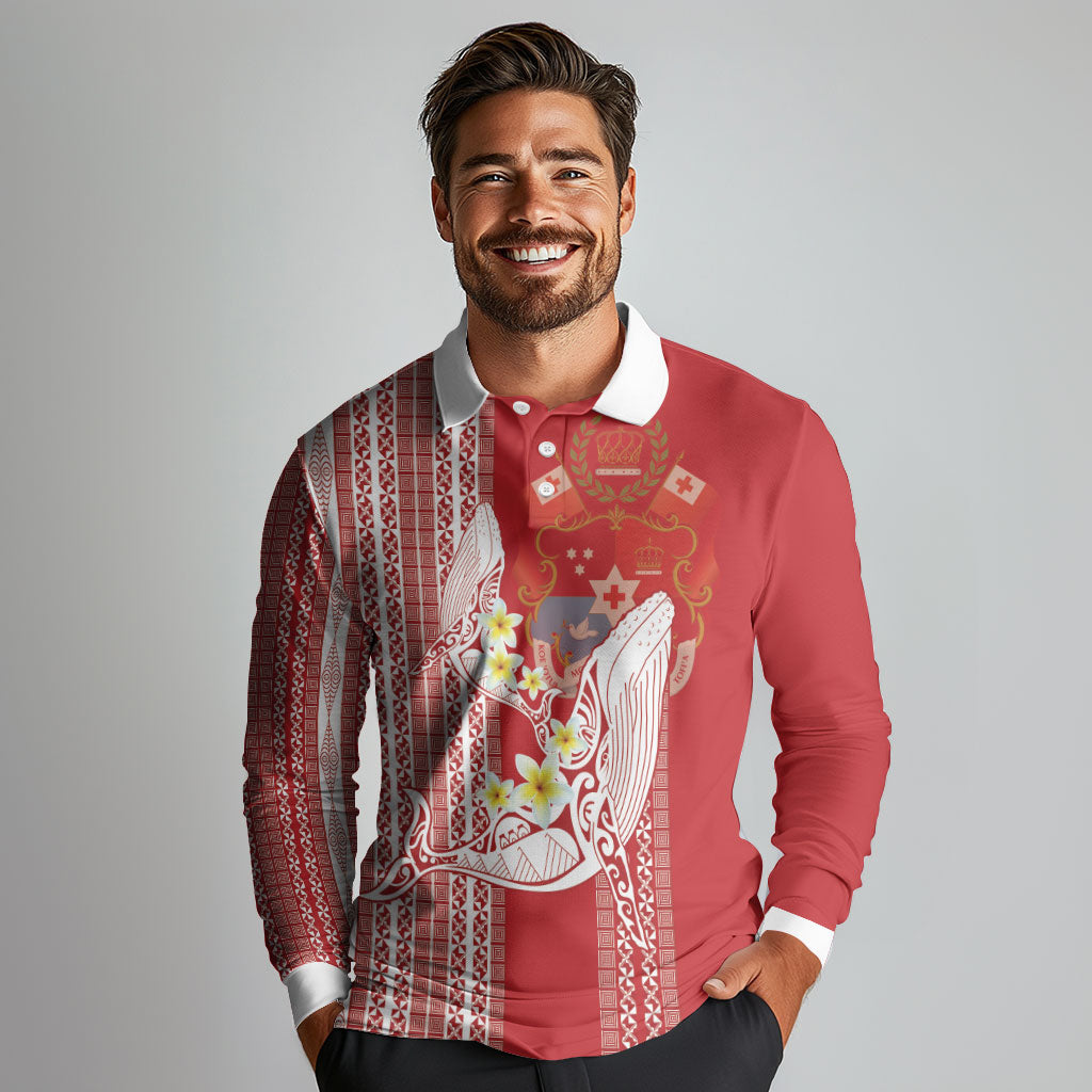 Swimming With Humpback Whales Season Tonga Long Sleeve Polo Shirt Tongan Tofuaa Ngatu Pattern Red LT14 - Polynesian Pride