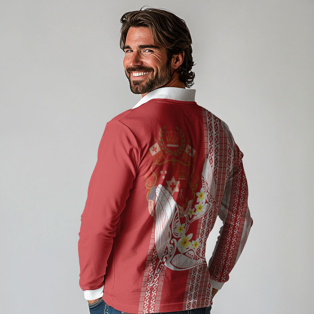 Swimming With Humpback Whales Season Tonga Long Sleeve Polo Shirt Tongan Tofuaa Ngatu Pattern Red LT14 - Polynesian Pride