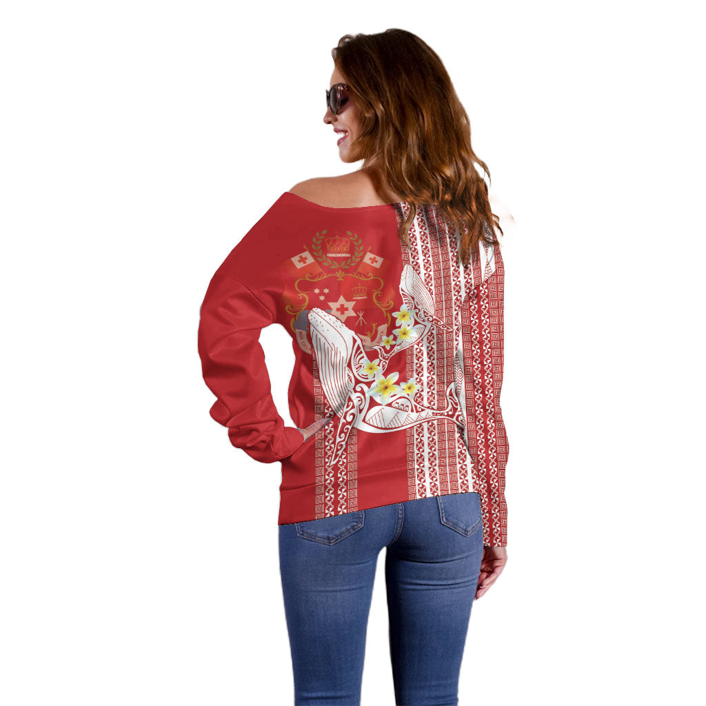 Swimming With Humpback Whales Season Tonga Off Shoulder Sweater Tongan Tofuaa Ngatu Pattern Red LT14 - Polynesian Pride