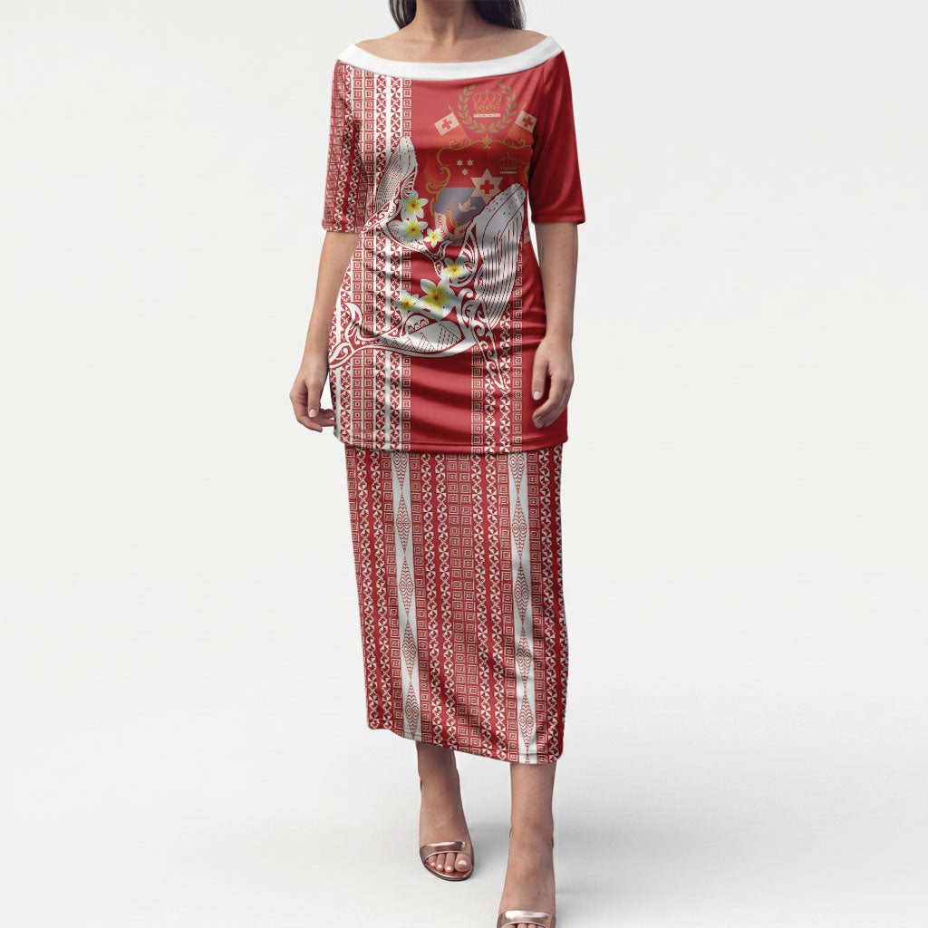 Swimming With Humpback Whales Season Tonga Puletasi Tongan Tofuaa Ngatu Pattern Red LT14 Long Dress Red - Polynesian Pride