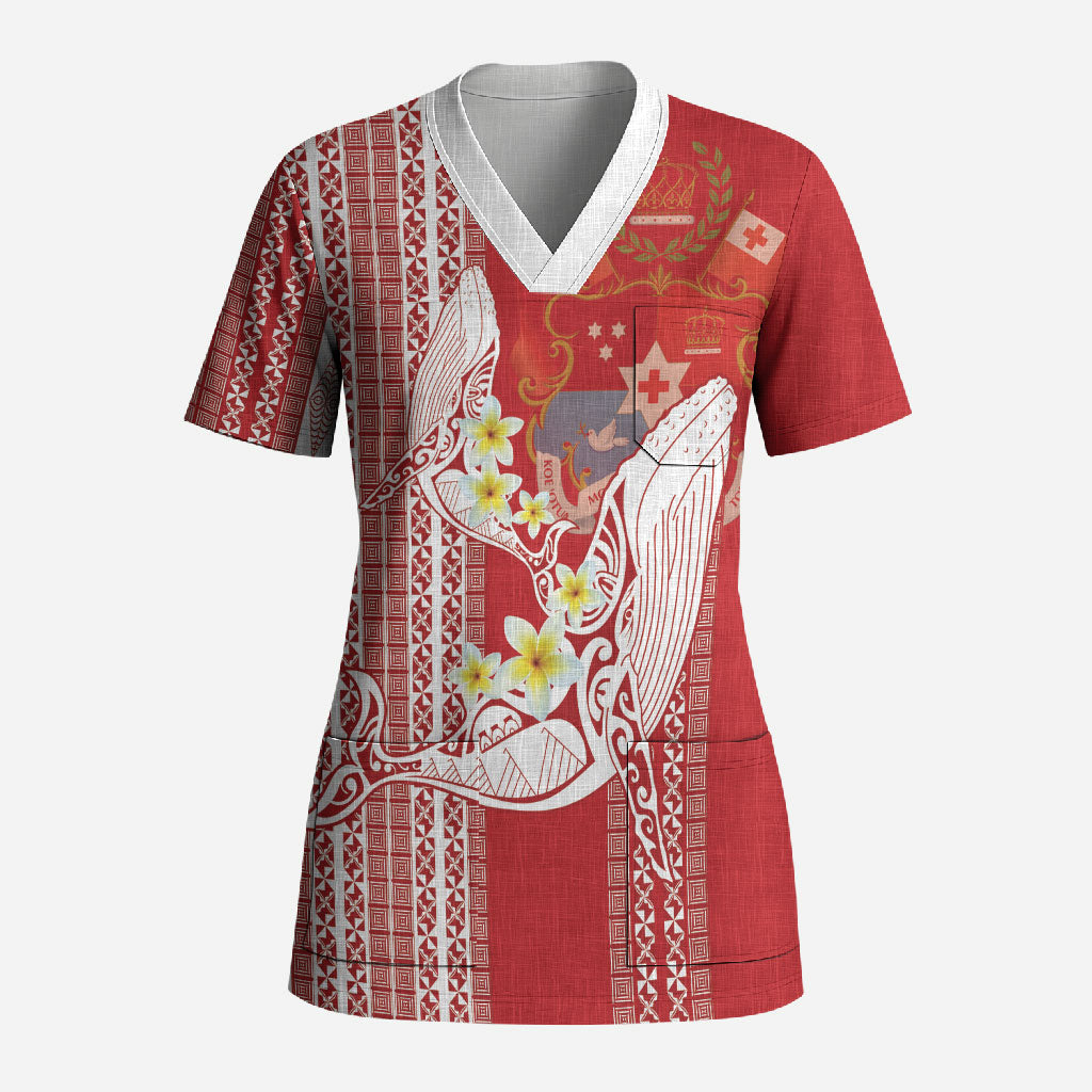 Swimming With Humpback Whales Season Tonga Scrub Top Tongan Tofuaa Ngatu Pattern Red LT14 Adult Red - Polynesian Pride