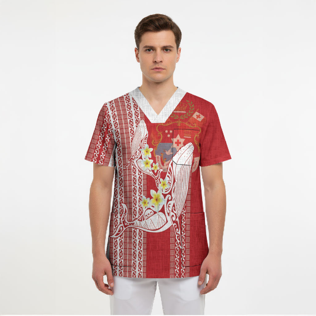 Swimming With Humpback Whales Season Tonga Scrub Top Tongan Tofuaa Ngatu Pattern Red LT14 - Polynesian Pride