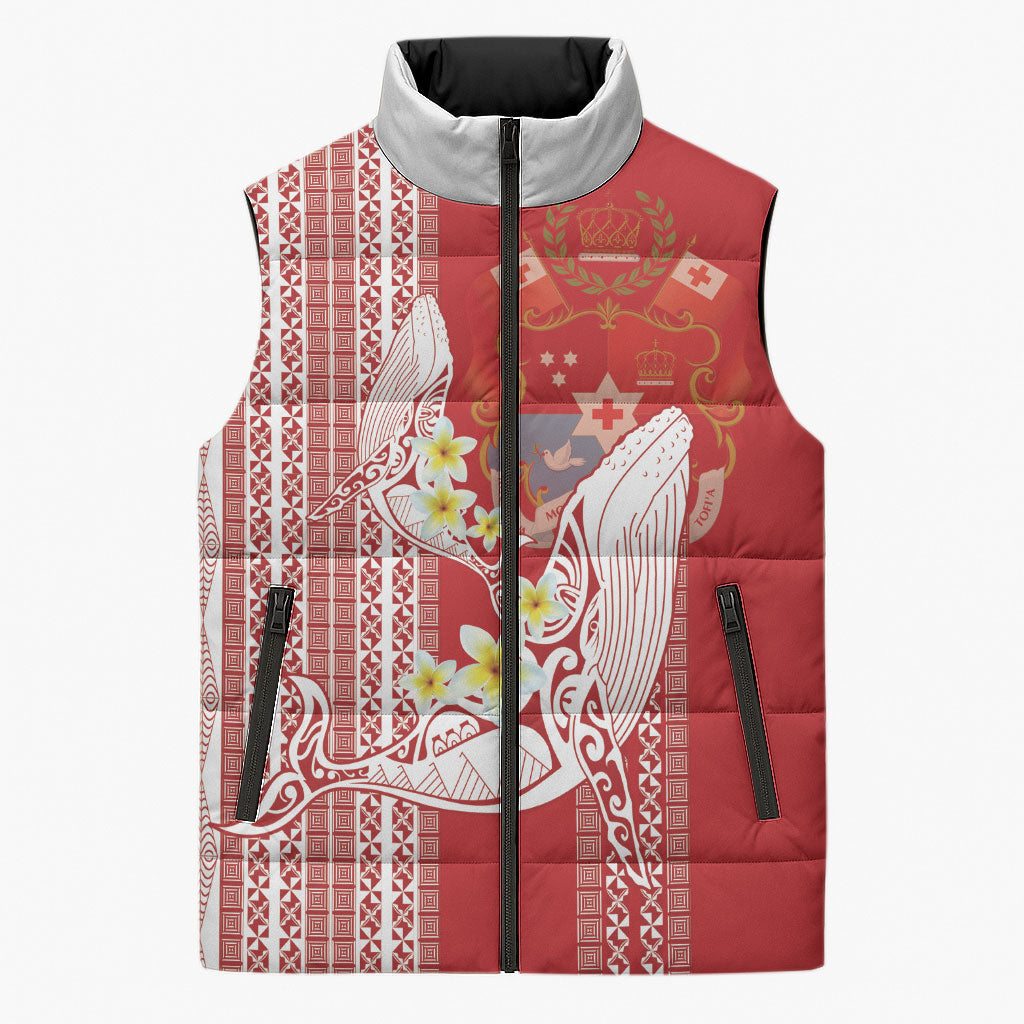 Swimming With Humpback Whales Season Tonga Sleeveless Puffer Jacket Tongan Tofuaa Ngatu Pattern Red LT14 Unisex Red - Polynesian Pride