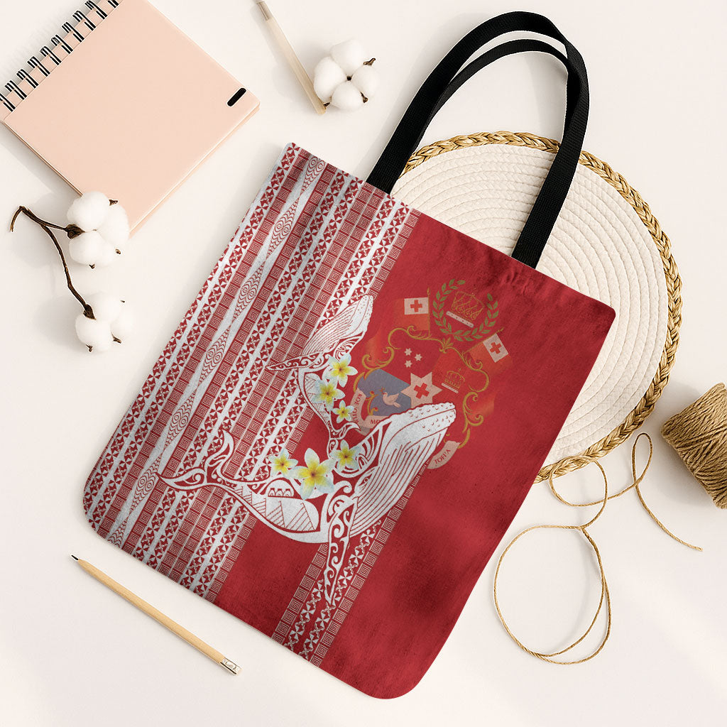 Swimming With Humpback Whales Season Tonga Tote Bag Tongan Tofuaa Ngatu Pattern Red LT14 Black Strap One Size Red - Polynesian Pride