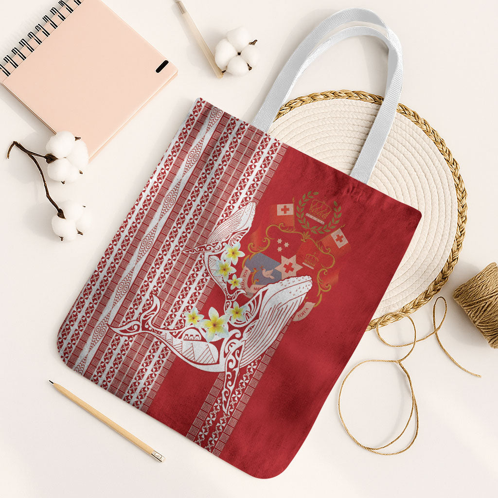 Swimming With Humpback Whales Season Tonga Tote Bag Tongan Tofuaa Ngatu Pattern Red LT14 White Strap One Size Red - Polynesian Pride