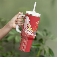 Swimming With Humpback Whales Season Tonga Tumbler With Handle Tongan Tofuaa Ngatu Pattern Red LT14 - Polynesian Pride