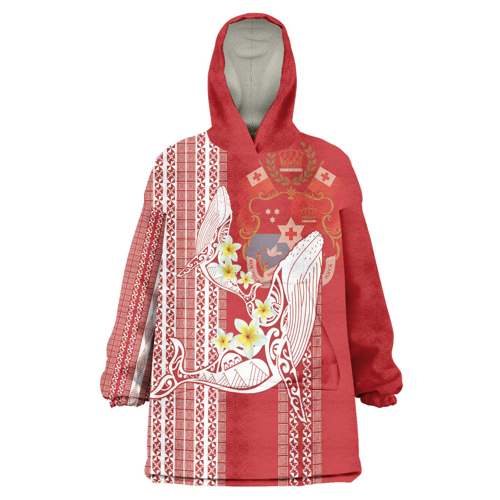 Swimming With Humpback Whales Season Tonga Wearable Blanket Hoodie Tongan Tofuaa Ngatu Pattern Red LT14 One Size Red - Polynesian Pride