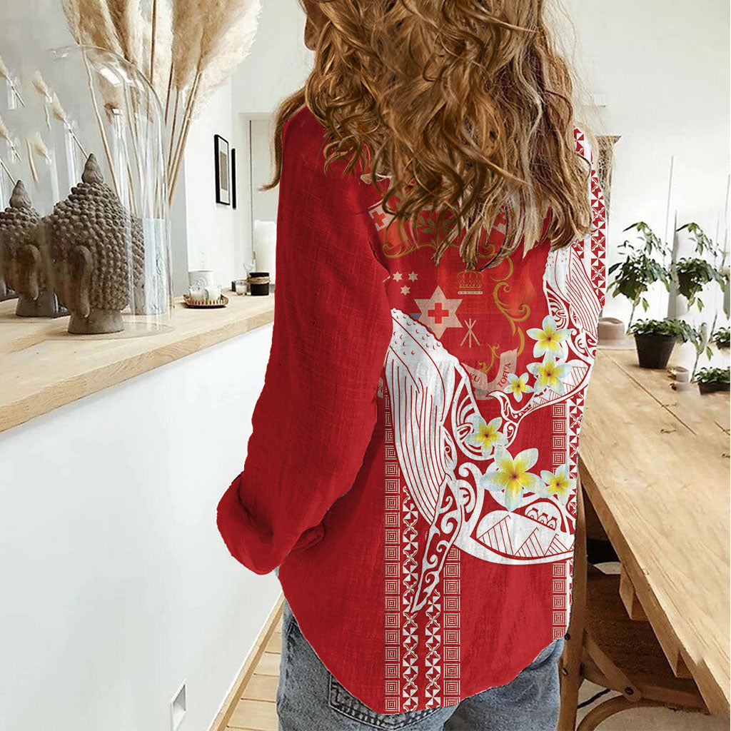 Swimming With Humpback Whales Season Tonga Women Casual Shirt Tongan Tofuaa Ngatu Pattern Red LT14 - Polynesian Pride