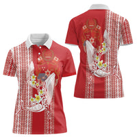 Swimming With Humpback Whales Season Tonga Women Polo Shirt Tongan Tofuaa Ngatu Pattern Red LT14 - Polynesian Pride