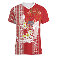 Swimming With Humpback Whales Season Tonga Women V-Neck T-Shirt Tongan Tofuaa Ngatu Pattern Red LT14 Female Red - Polynesian Pride