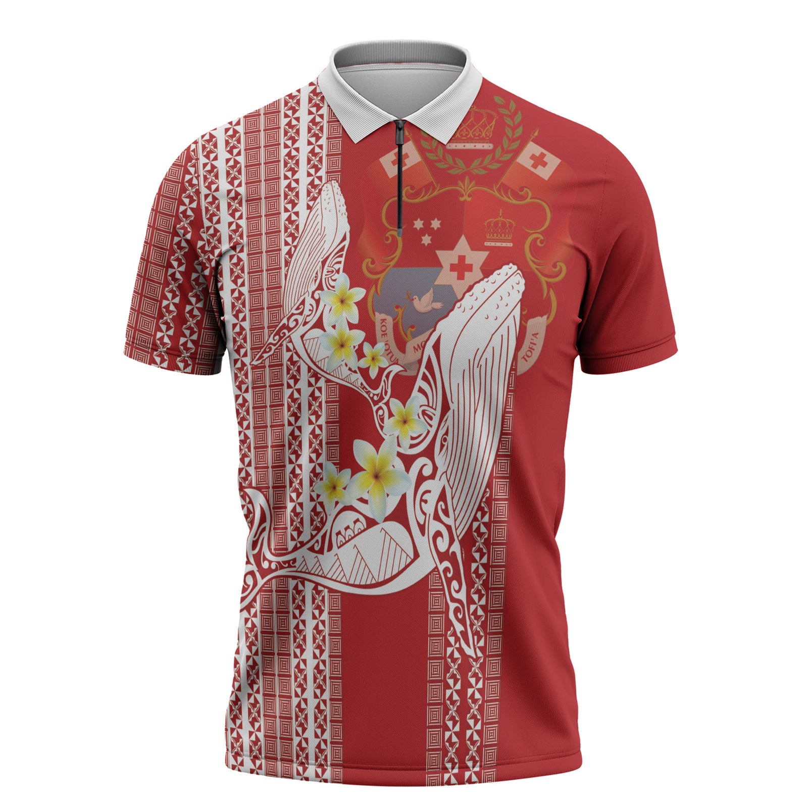 Swimming With Humpback Whales Season Tonga Zipper Polo Shirt Tongan Tofuaa Ngatu Pattern Red LT14 Red - Polynesian Pride