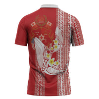 Swimming With Humpback Whales Season Tonga Zipper Polo Shirt Tongan Tofuaa Ngatu Pattern Red LT14 - Polynesian Pride