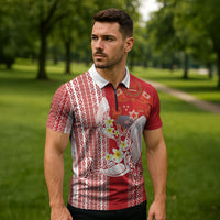 Swimming With Humpback Whales Season Tonga Zipper Polo Shirt Tongan Tofuaa Ngatu Pattern Red LT14 - Polynesian Pride