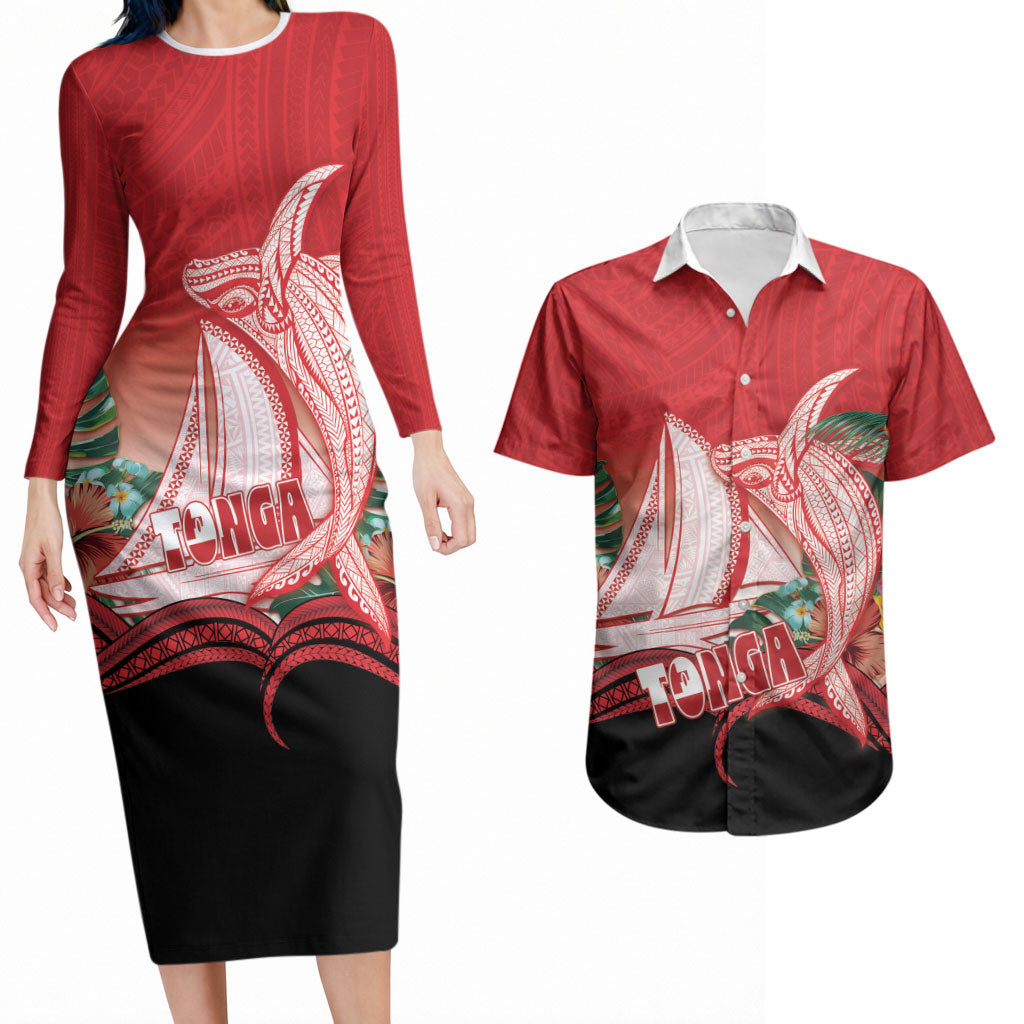 Vavau Sailing Festival Tonga Personalised Couples Matching Long Sleeve Bodycon Dress and Hawaiian Shirt Humpback Whale Sailboat Tropical Vibes LT14 Red - Polynesian Pride