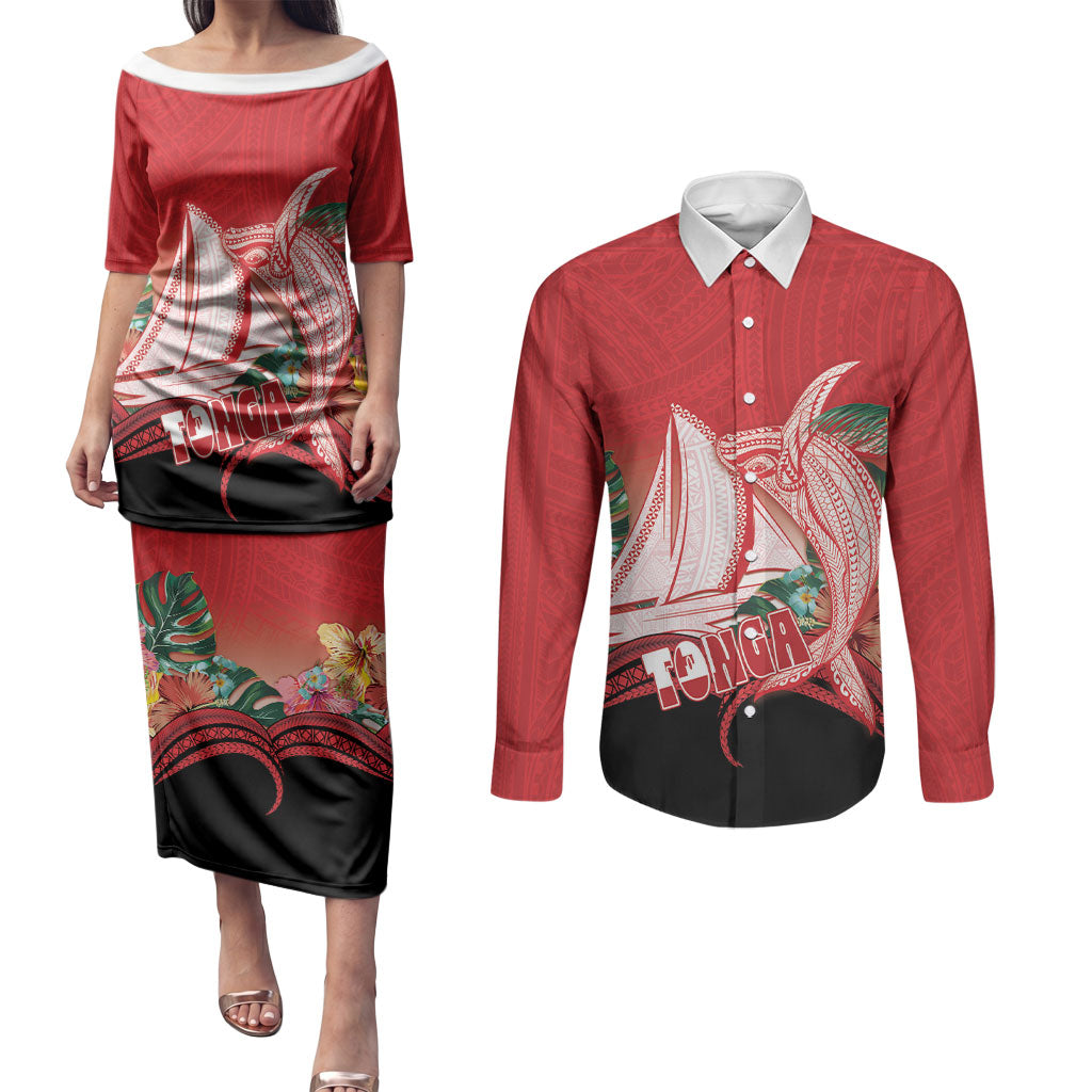Vavau Sailing Festival Tonga Personalised Couples Matching Puletasi and Long Sleeve Button Shirt Humpback Whale Sailboat Tropical Vibes LT14 Red - Polynesian Pride