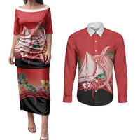 Vavau Sailing Festival Tonga Personalised Couples Matching Puletasi and Long Sleeve Button Shirt Humpback Whale Sailboat Tropical Vibes LT14 Red - Polynesian Pride