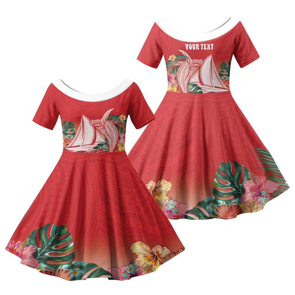 Vavau Sailing Festival Tonga Personalised Family Matching Long Sleeve Bodycon Dress and Hawaiian Shirt Humpback Whale Sailboat Tropical Vibes LT14 Daughter's Dress Red - Polynesian Pride