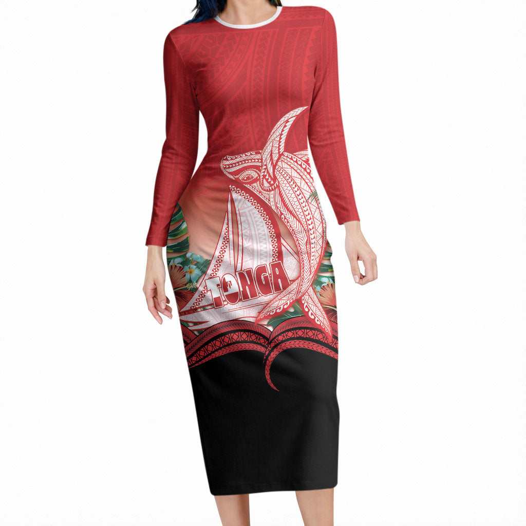 Vavau Sailing Festival Tonga Personalised Long Sleeve Bodycon Dress Humpback Whale Sailboat Tropical Vibes LT14 Long Dress Red - Polynesian Pride