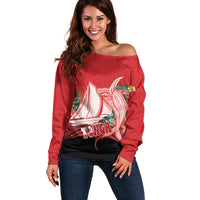 Vavau Sailing Festival Tonga Personalised Off Shoulder Sweater Humpback Whale Sailboat Tropical Vibes LT14 Women Red - Polynesian Pride