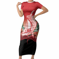 Vavau Sailing Festival Tonga Personalised Short Sleeve Bodycon Dress Humpback Whale Sailboat Tropical Vibes LT14 Long Dress Red - Polynesian Pride