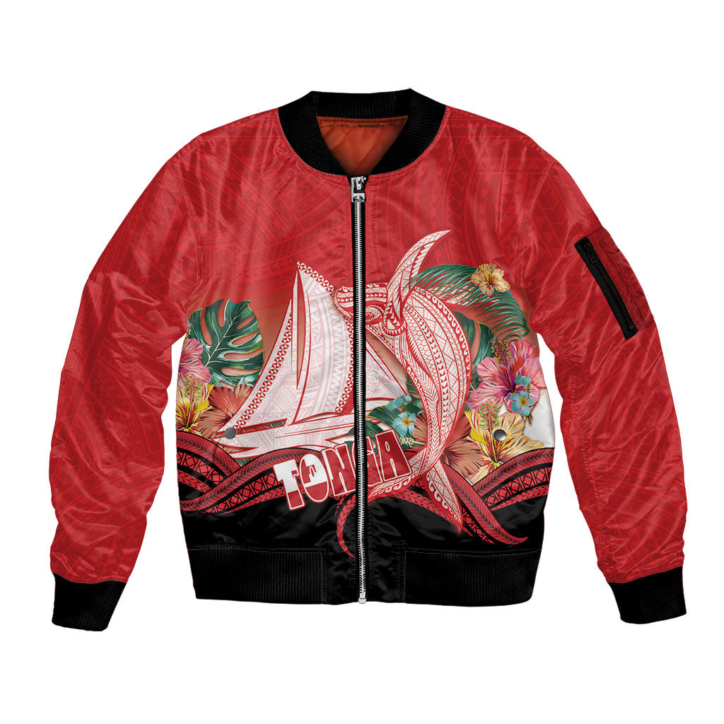 Vavau Sailing Festival Tonga Personalised Sleeve Zip Bomber Jacket Humpback Whale Sailboat Tropical Vibes LT14 Unisex Red - Polynesian Pride